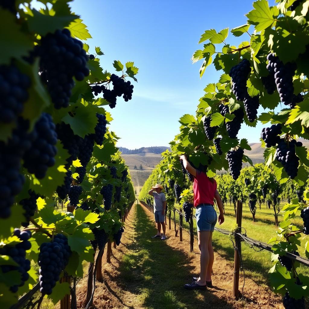 Workers harvesting ripe Cabernet Sauvignon grapes in a sunlit Napa Valley vineyard with rolling hills.