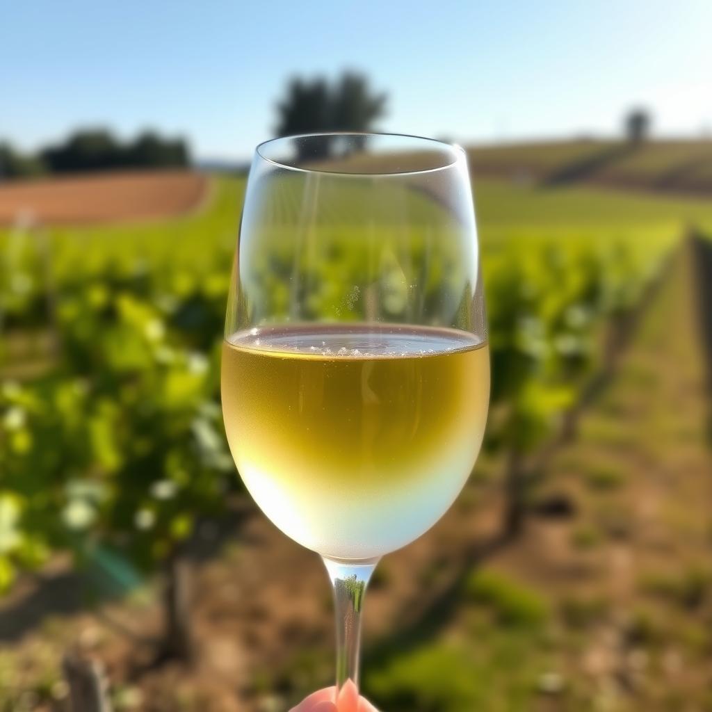 A hand holds a glass of golden Chardonnay in front of a lush Sonoma County vineyard.