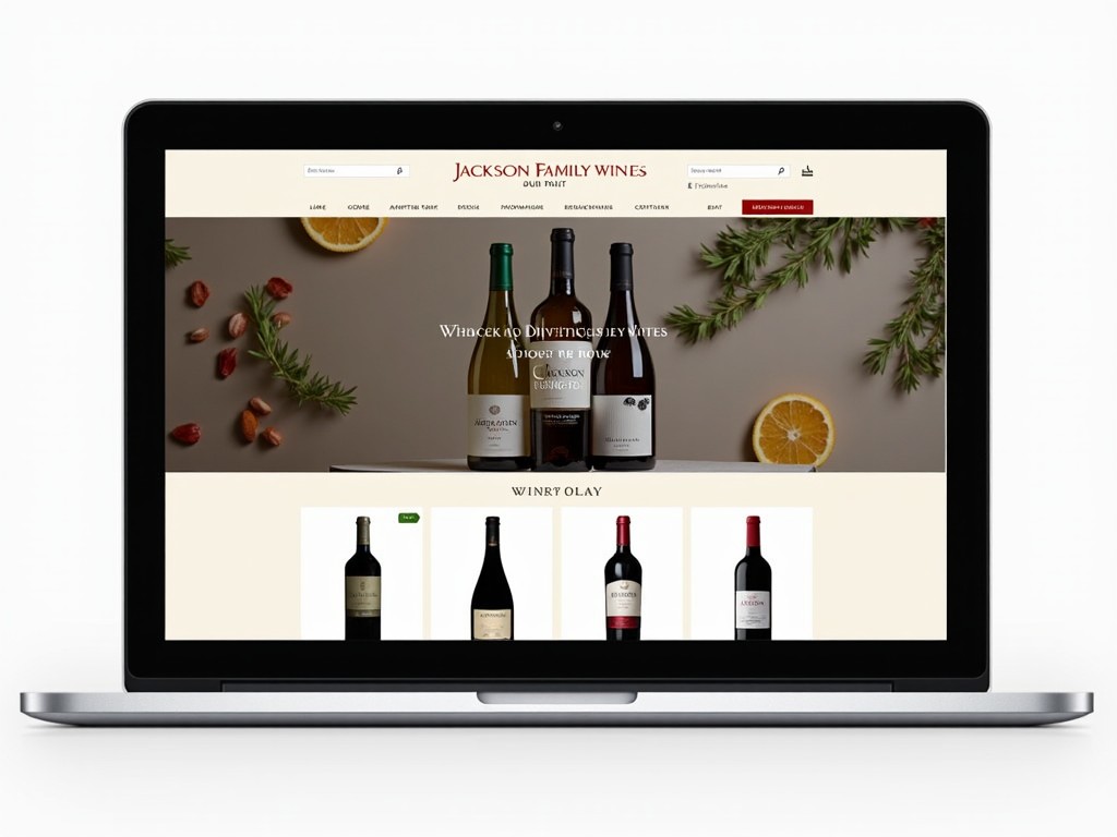 Photo of a laptop with a high-quality Jackson Family Wine displayed on an e-commerce website, vividly showcasing the online shopping experience.