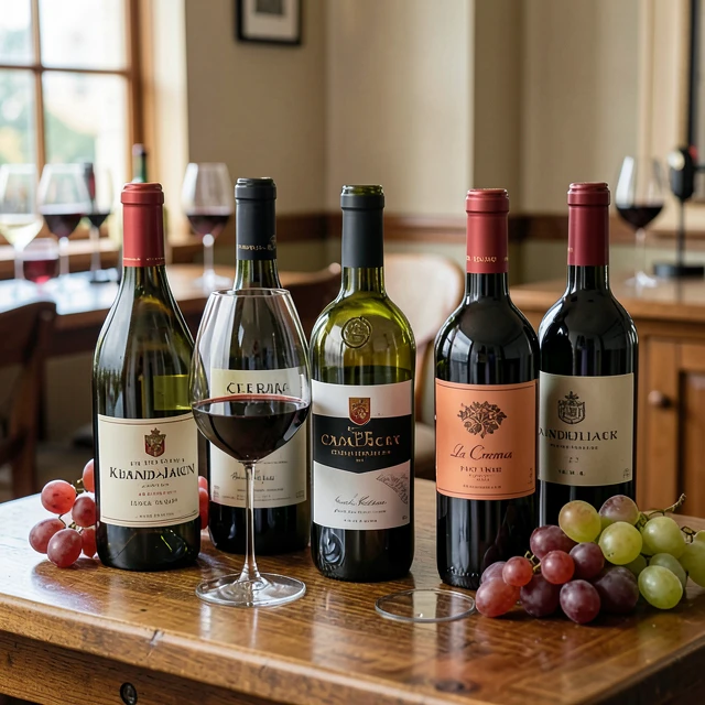 Assortment of premium wine bottles and glasses on a tasting table