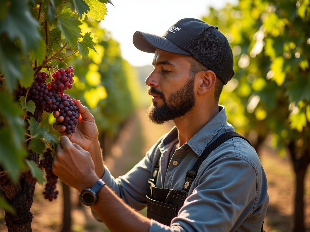 A winemaker checking ripe grapes on the vine under sunlight in a Jackson Family Wines vineyard.