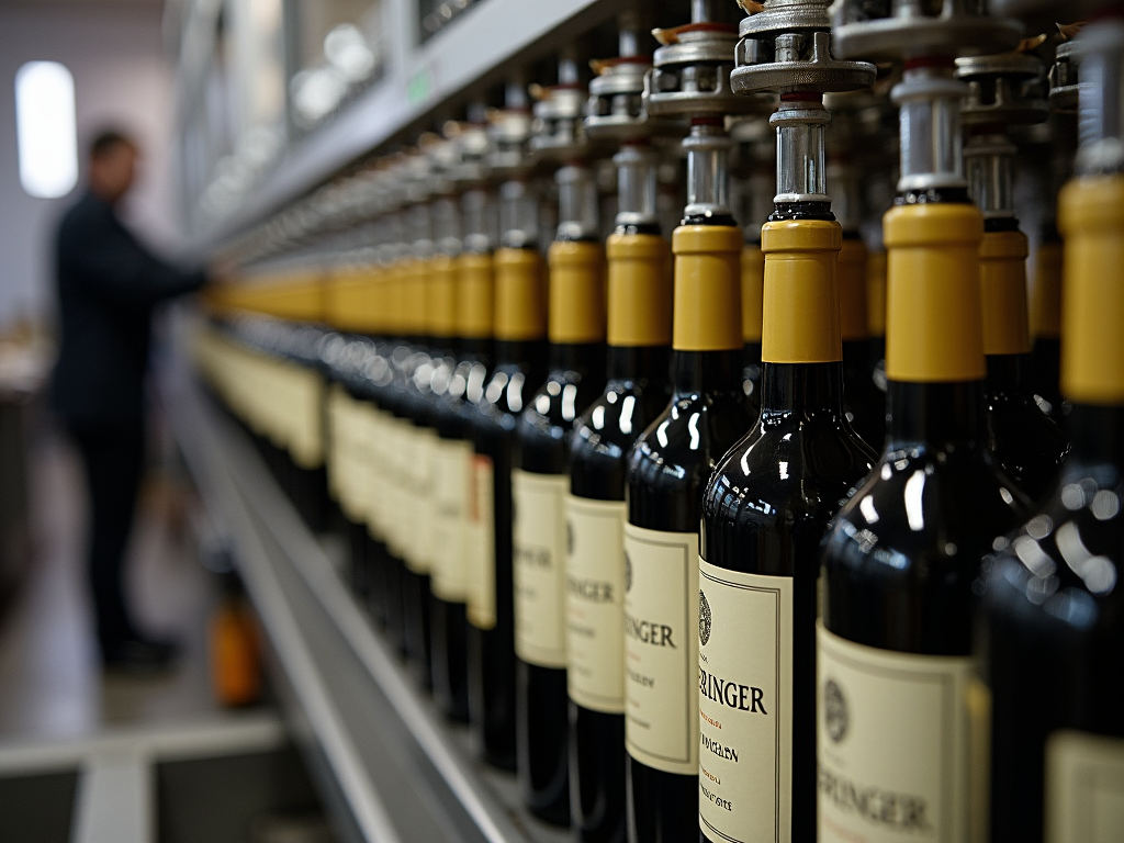 Bottles of Beringer wines being filled and labeled in the production facility.