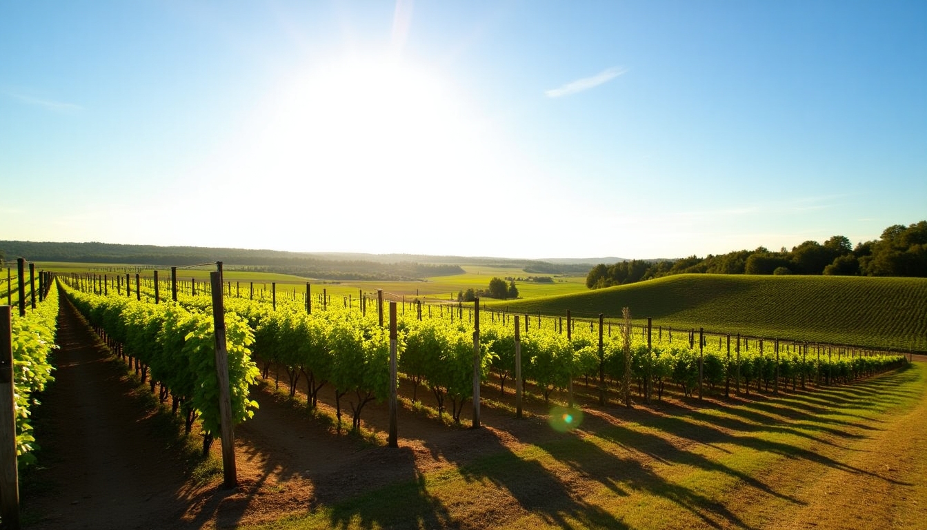A scenic view of Beringer vineyards with lush grapevines under a clear blue sky.