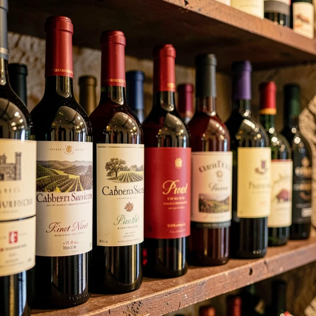 Assorted red wine bottles on a shelf