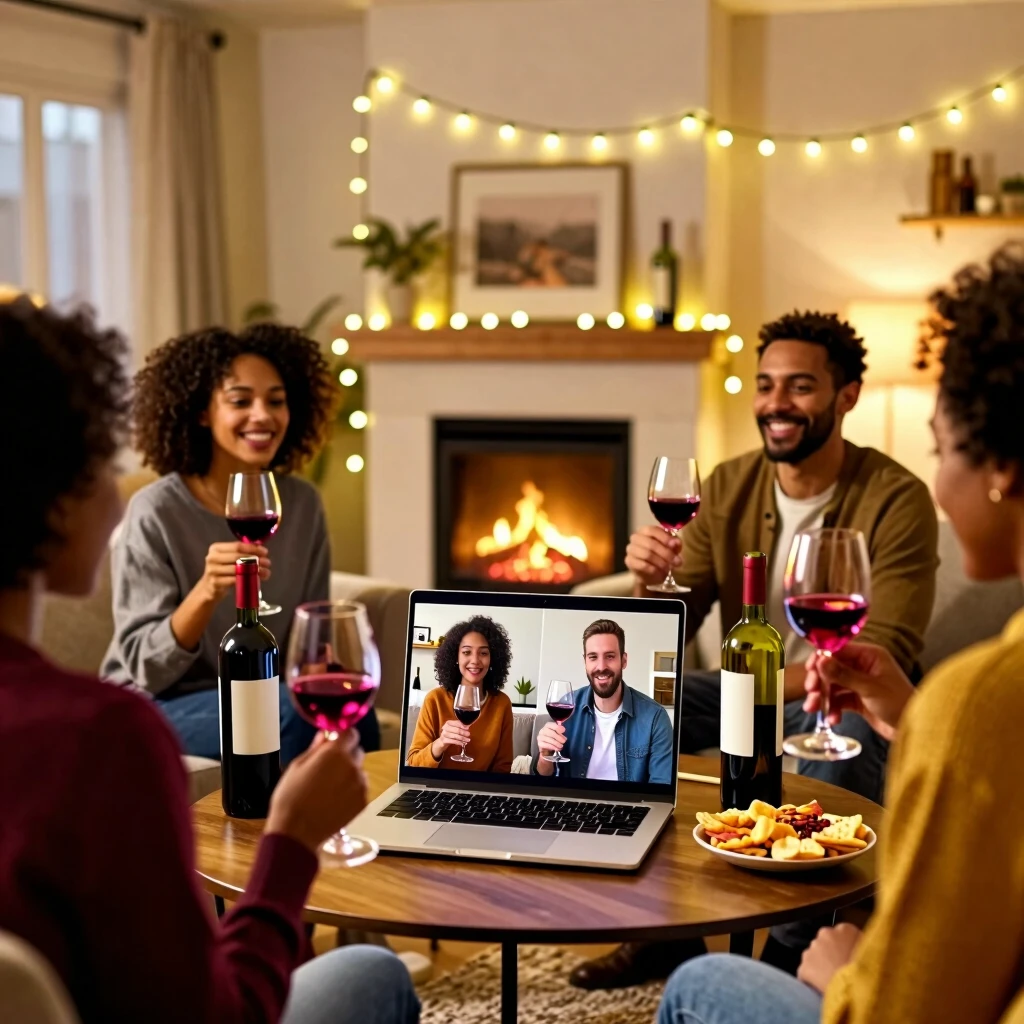 Friends enjoying a virtual wine tasting party at home