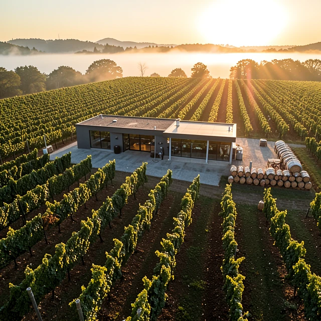 Aerial view of a premium vineyard estate showcasing rows of vines and tasting facilities