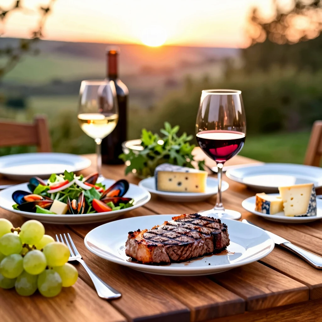 Elegant outdoor dinner table with wine and food pairings