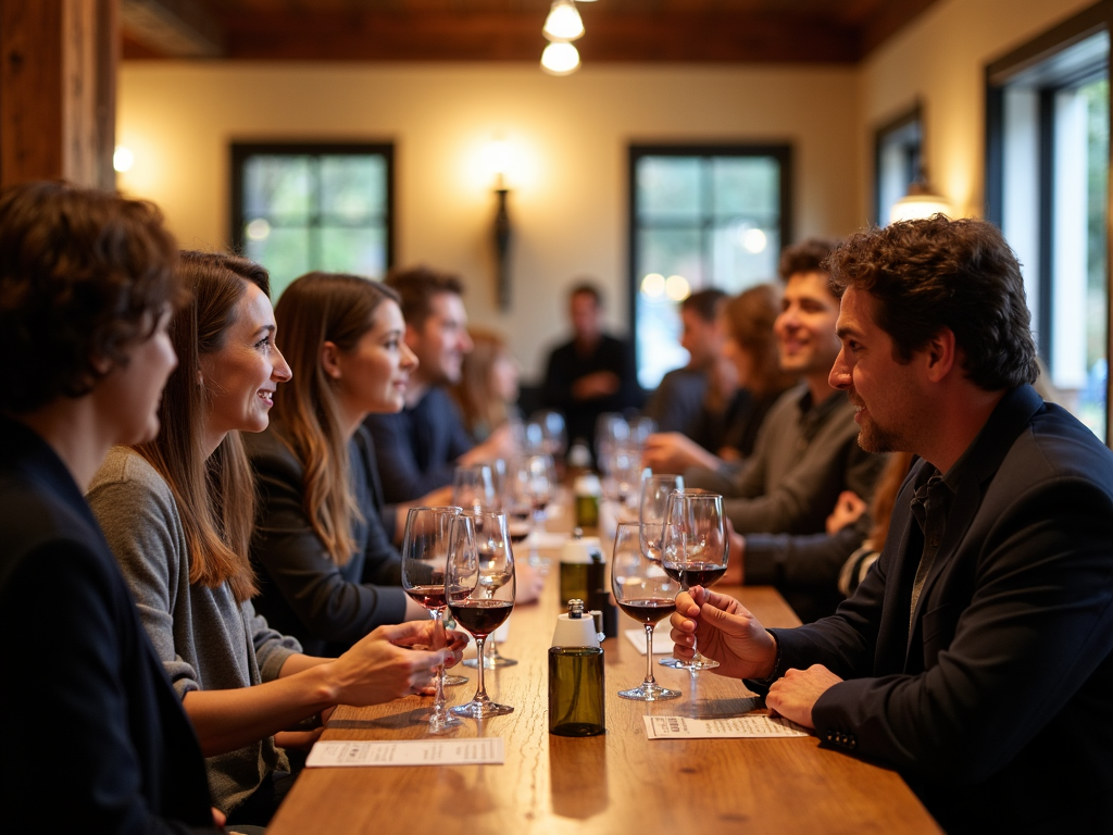 A group of people enjoying a wine tasting experience at the La Crema tasting room.