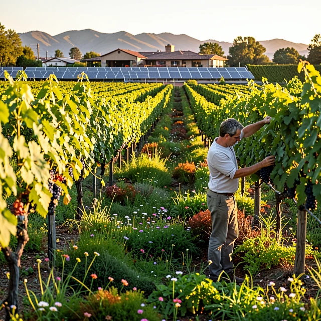 Lush sustainable vineyard with regenerative farming practices in California