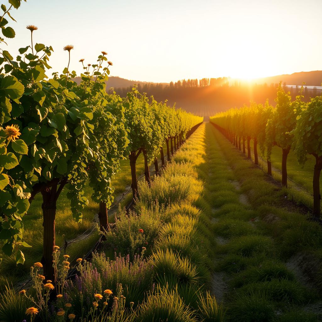 Biodynamic vineyard at sunrise with wildflowers and vines, showcasing sustainable harmony.