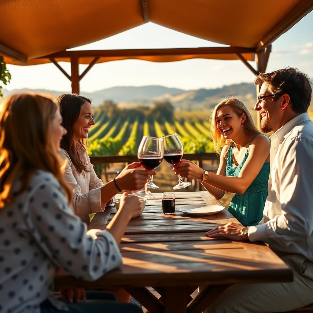 Friends enjoying a wine tasting event on a Sonoma County vineyard patio