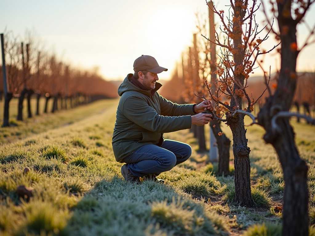 Vineyard worker pruning vines in spring