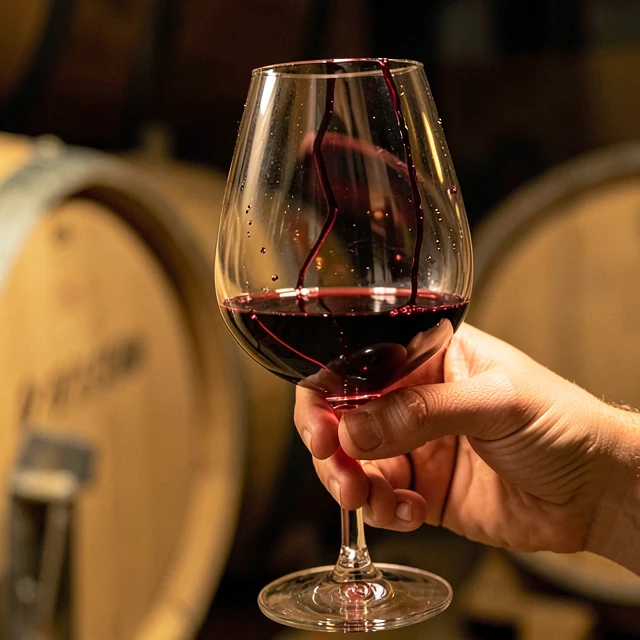 Hand swirling a glass of red wine in a winery cellar