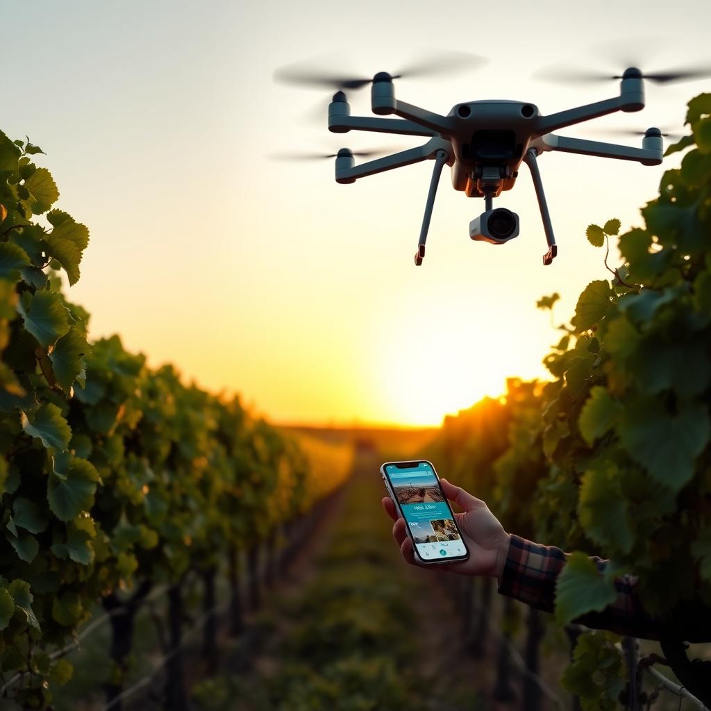 A farmer in a vineyard uses a drone and smartphone to monitor grapevines at sunrise.