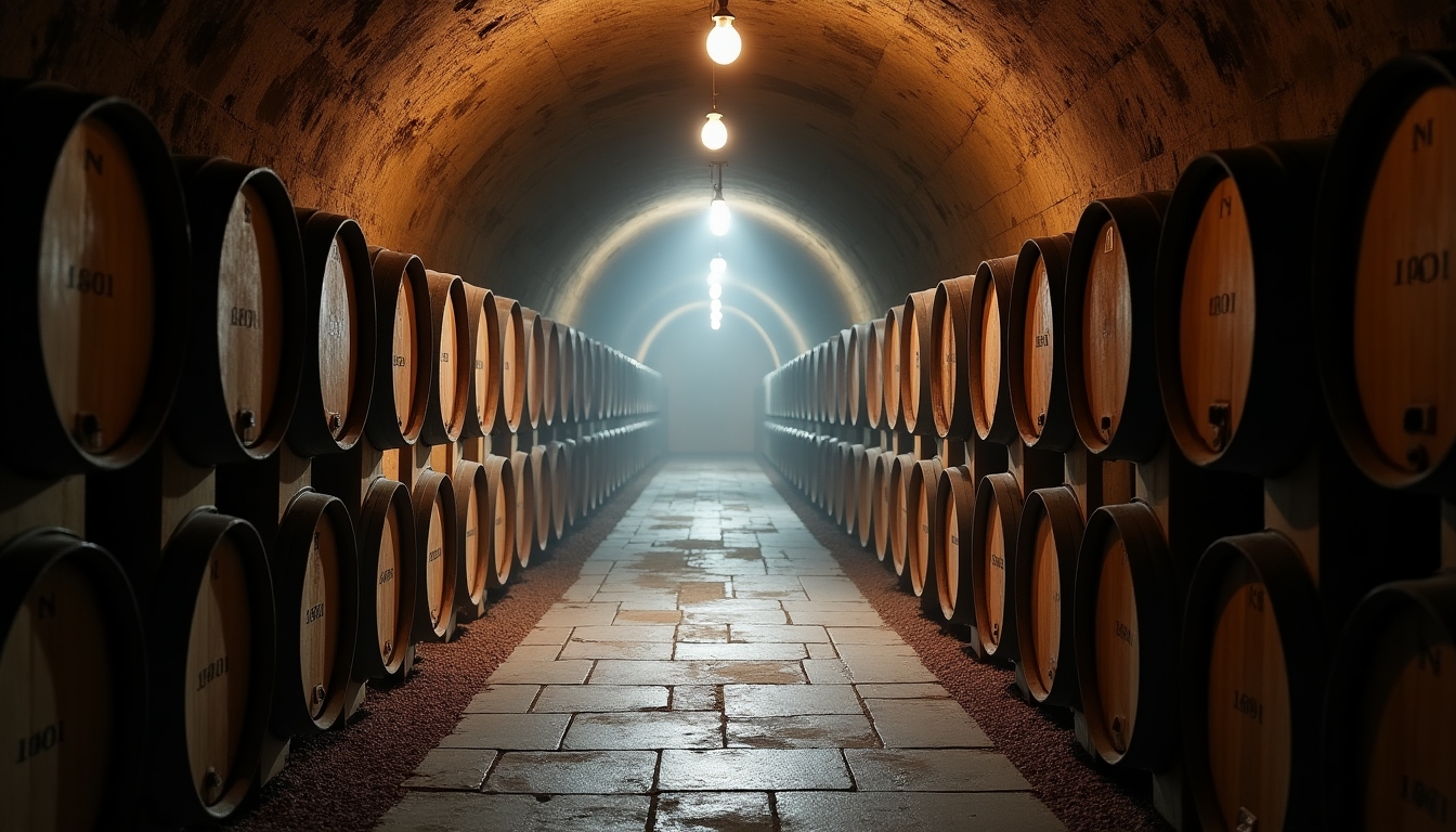 Beringer wine aging in oak barrels.