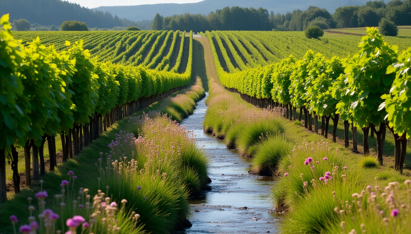A colorful vineyard showcasing biodiversity with wildflowers, bees, and natural water features.