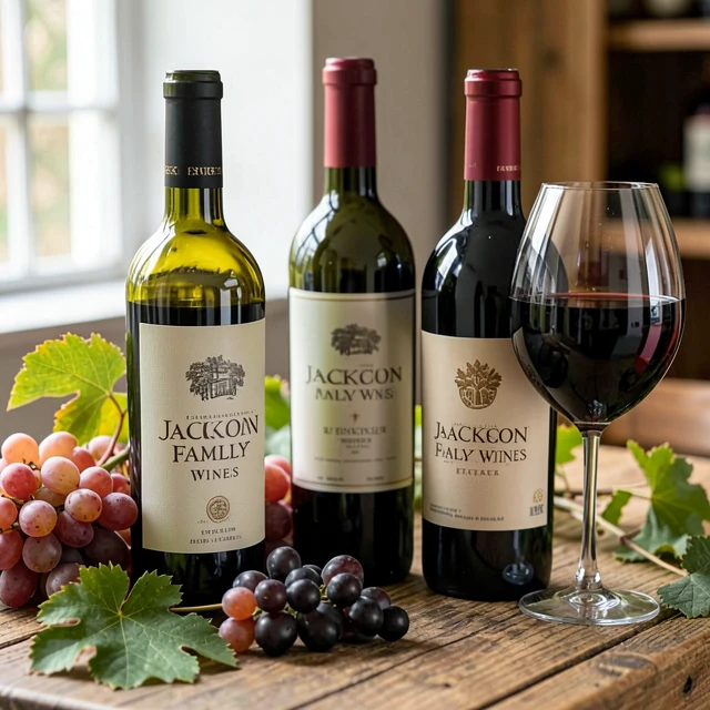 Award-winning Jackson Family Wines bottles displayed with vineyard elements