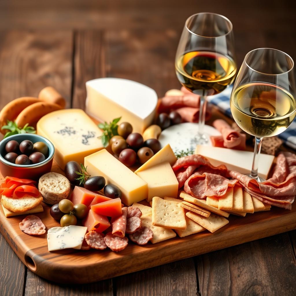 Cheese and charcuterie board with red and white wine