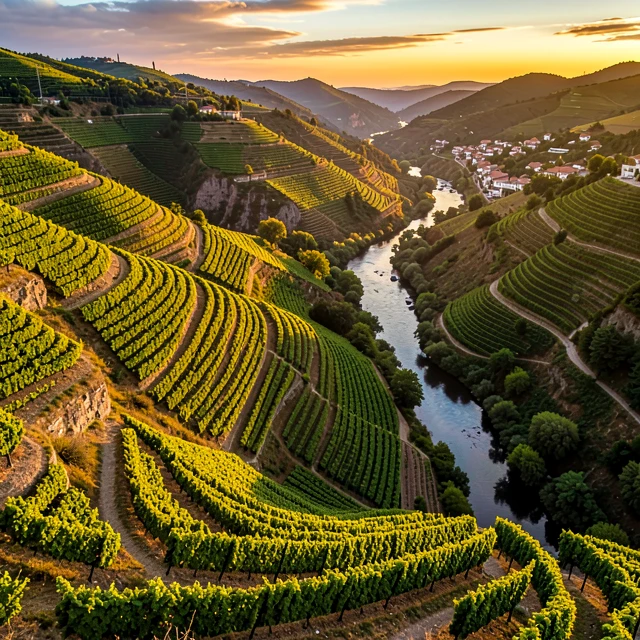 Terraced vineyards in a scenic European wine region at sunset