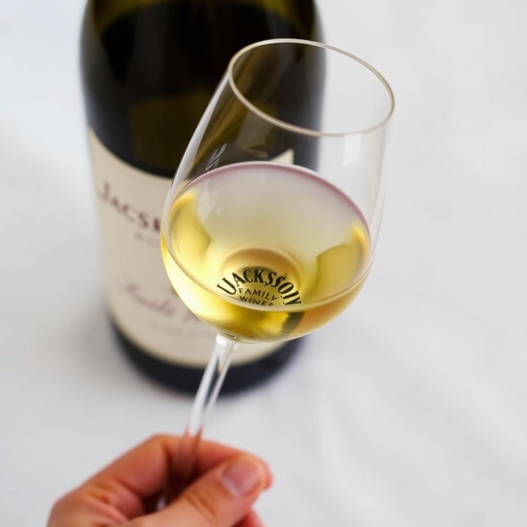 Hand holding a glass of pale golden Chardonnay against a white tablecloth, with a Jackson Family Wines bottle in the background.