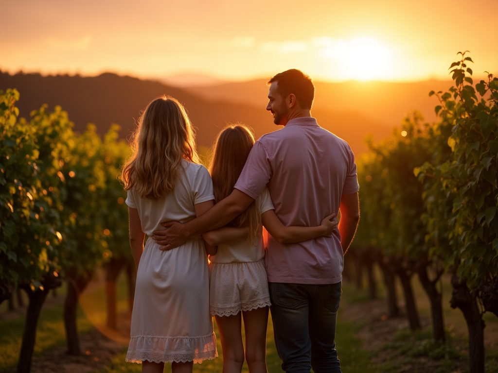 Family in vineyard at sunset