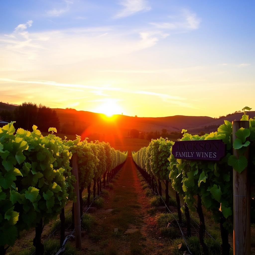 Sunset over a lush vineyard with rows of grapevines and a Jackson Family Wines sign