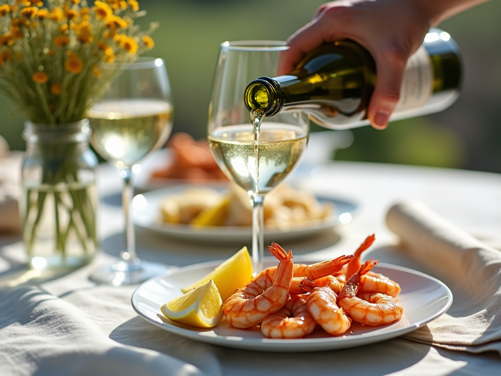 Pouring white wine beside a plate of grilled shrimp.