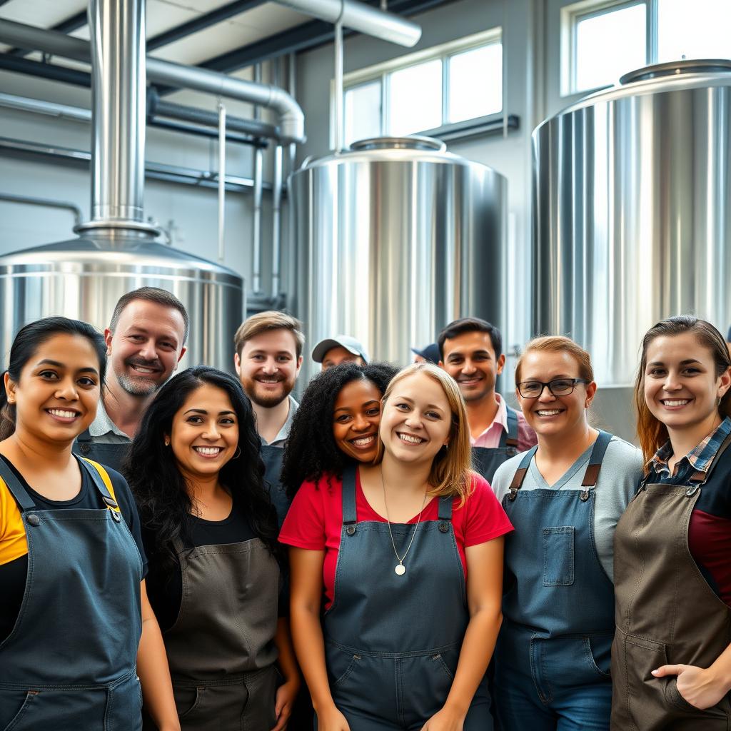 Diverse winery workers in a modern, sustainable winery.