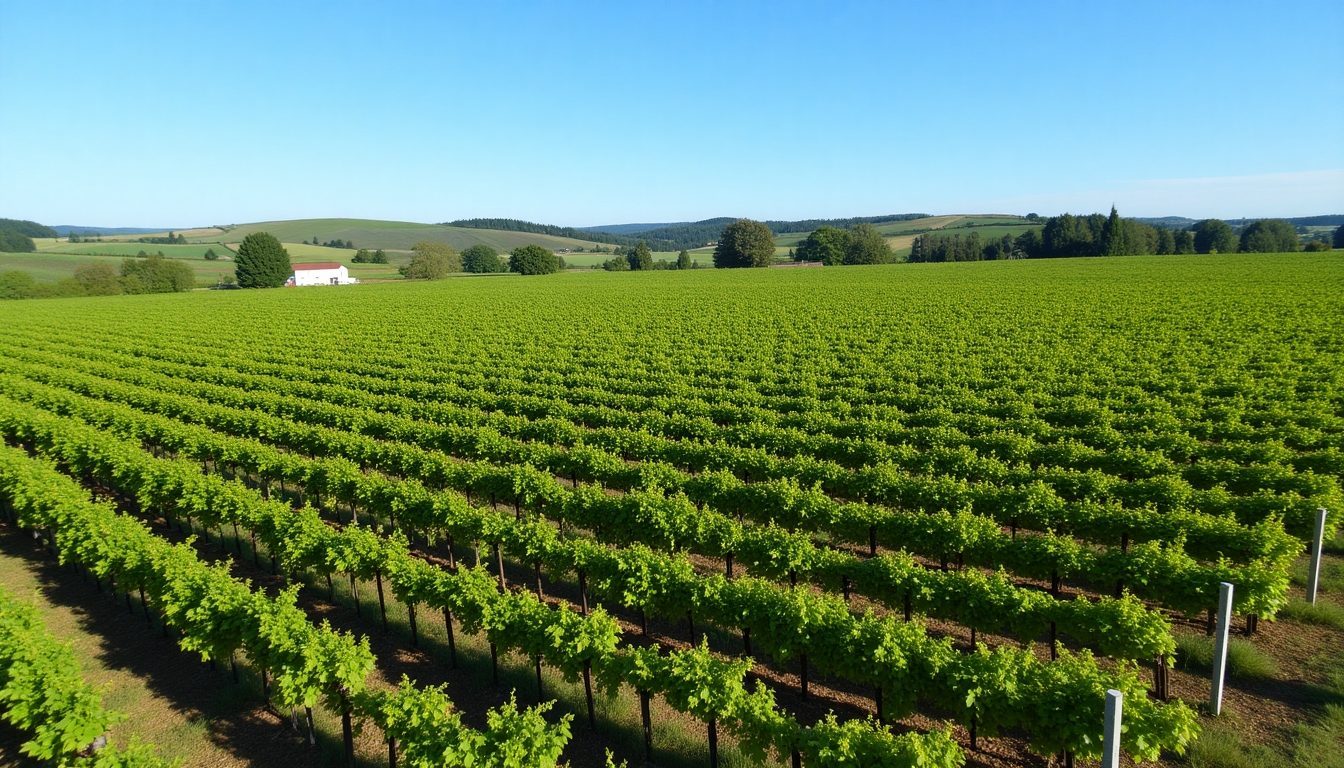vineyard landscape with lush green vines and blue skies