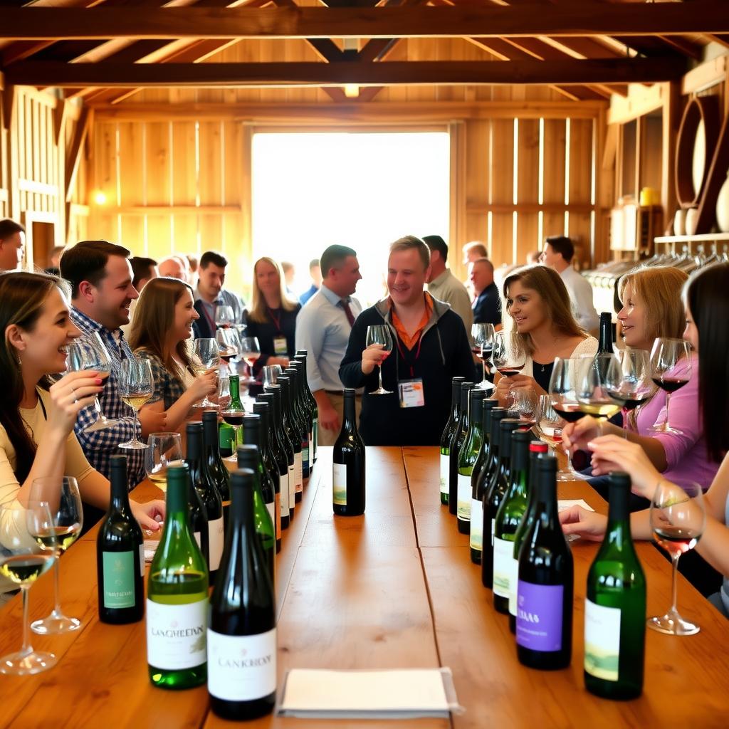 A group enjoying a sustainable wine tasting event in a cozy winery barn.