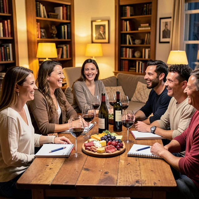 Group of friends enjoying a wine tasting party at home