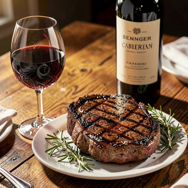 Grilled ribeye steak perfectly paired with a glass of Cabernet Sauvignon