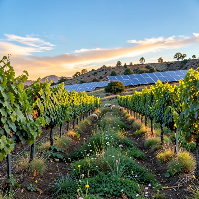 Sustainable California vineyard with regenerative farming practices and solar energy