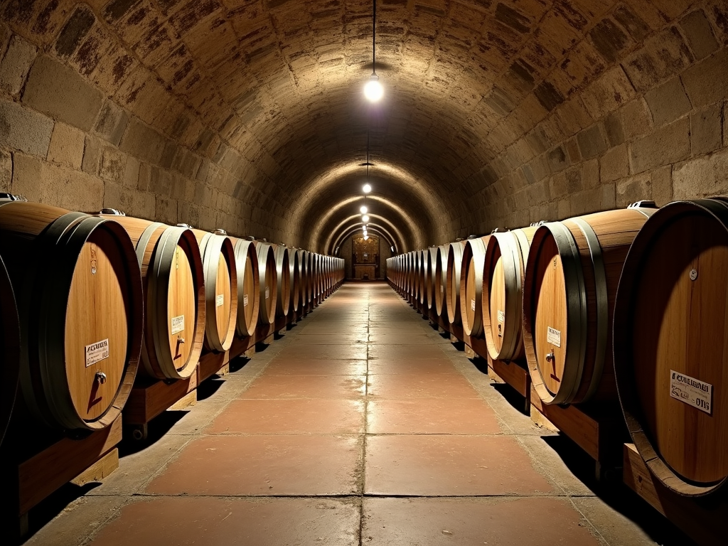 Old oak barrels in a family winery’s cellar, a sign of time-tested winemaking traditions.