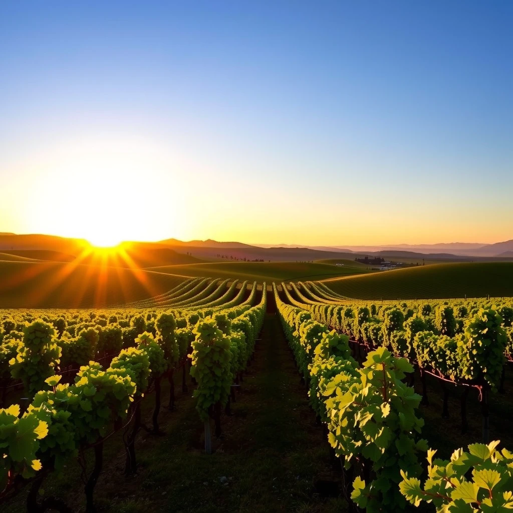 Napa Valley vineyard at sunset with rolling hills and grape vines