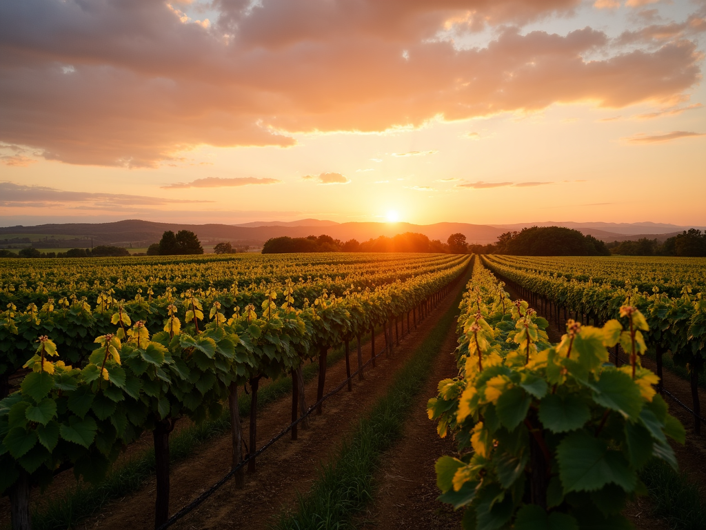 Vineyard at sunset with grapevines and a colorful sky