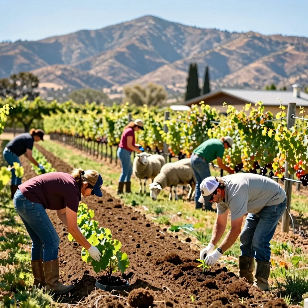 Workers practicing regenerative agriculture in a Jackson Family Wines vineyard
