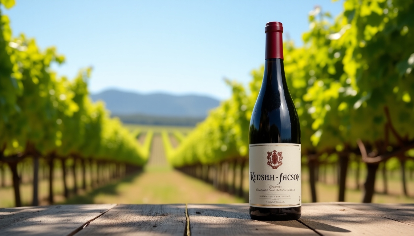 Close-up of a wine bottle from Kendall-Jackson with a vineyard background.