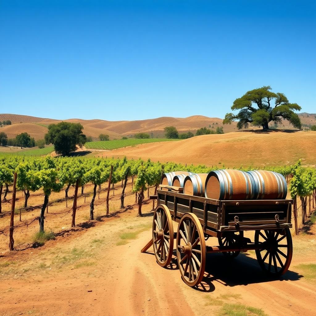 Early Napa Valley vineyards in the 1860s with a wagon and barrels on a dirt path