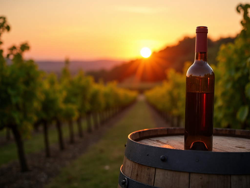 Vineyard sunset with wine bottle