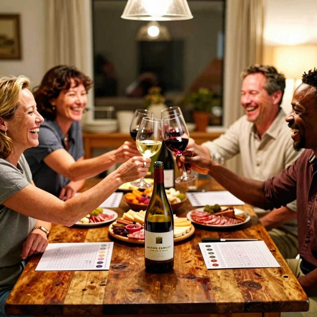 Friends sharing laughs over a casual wine tasting gathering