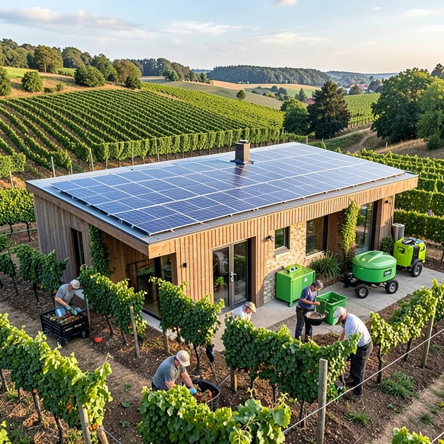 Sustainable winery powered by solar energy with vineyard views