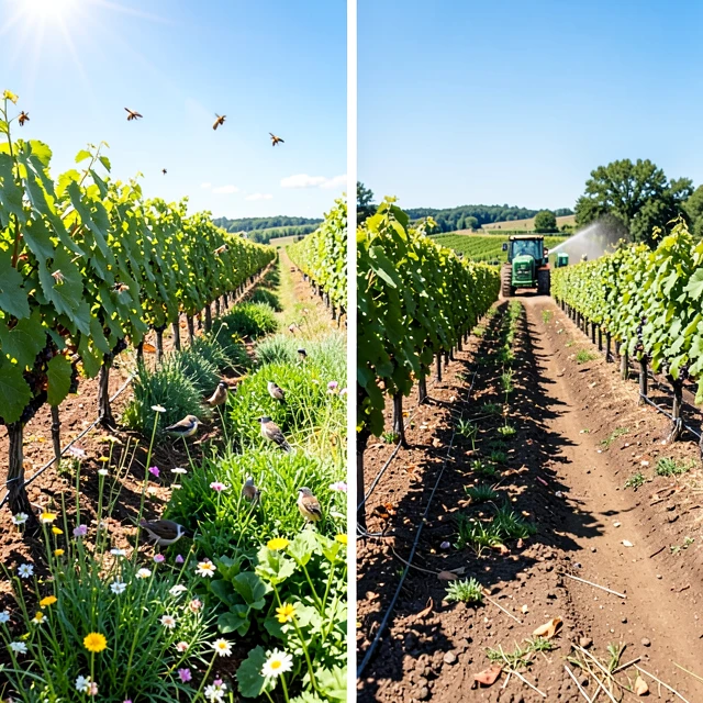 Side-by-side organic vs conventional vineyard in Napa Valley