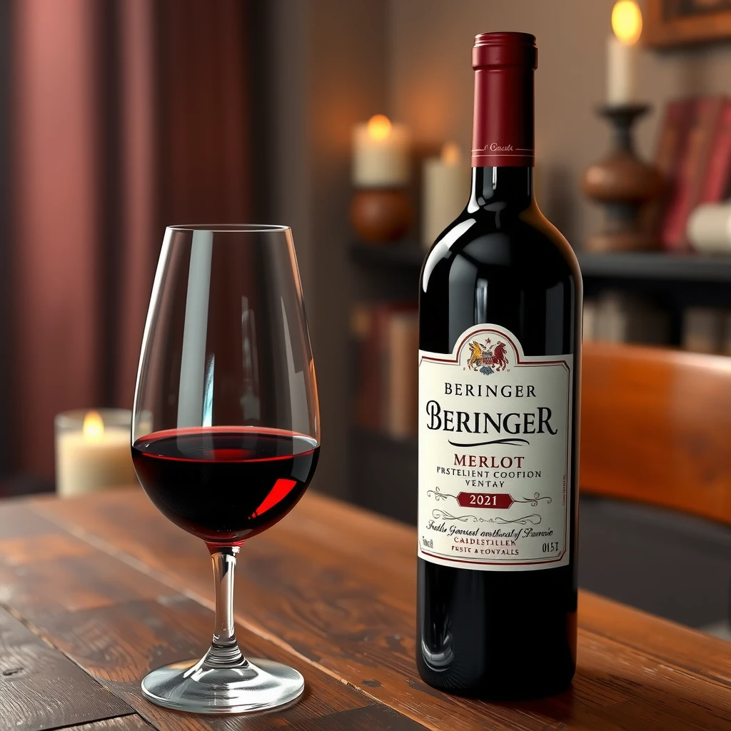 Elegant Beringer Merlot bottle and poured glass on wooden table