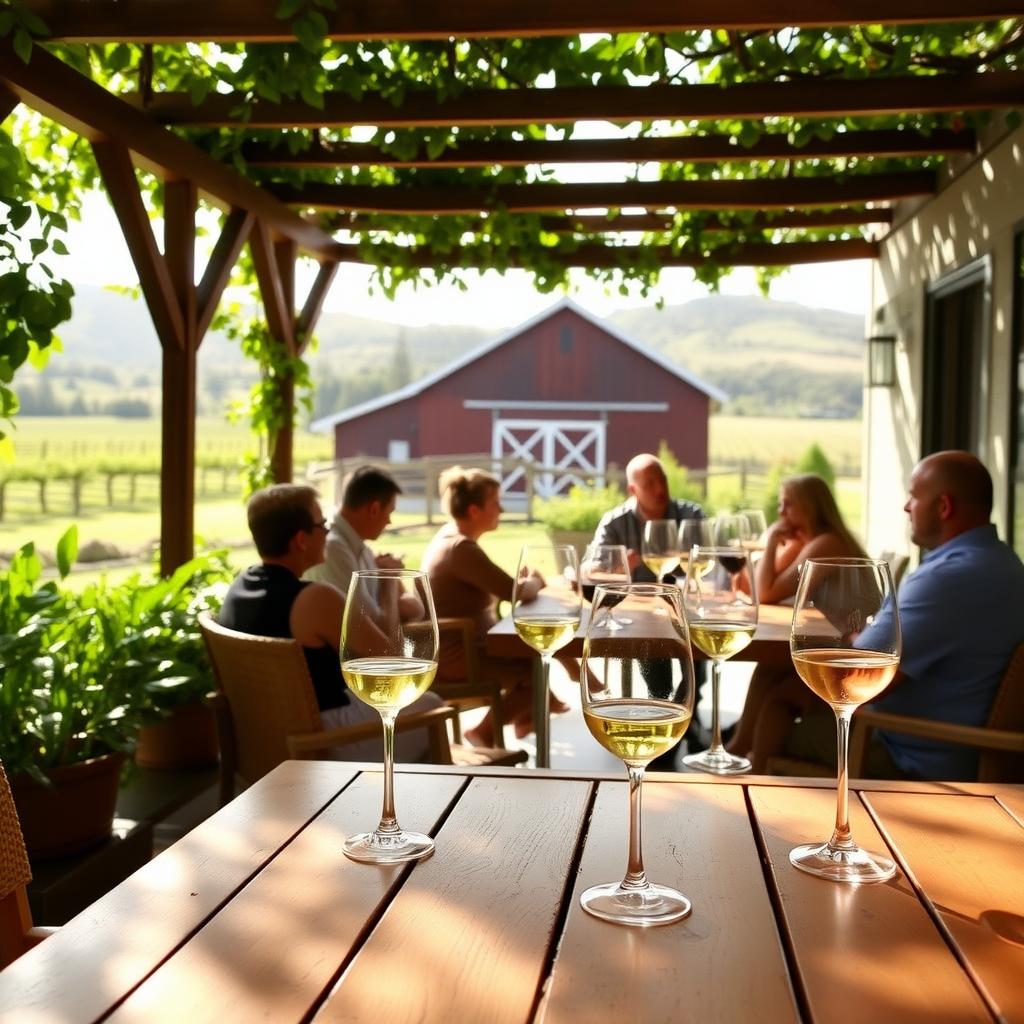 Outdoor patio at La Crema’s Healdsburg tasting room with friends enjoying wine, surrounded by greenery and vineyards.