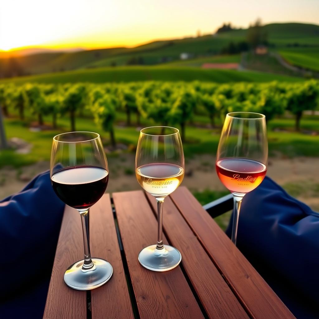 Three wine glasses with red, white, and rosé wines on a wooden table in a vineyard at sunset.