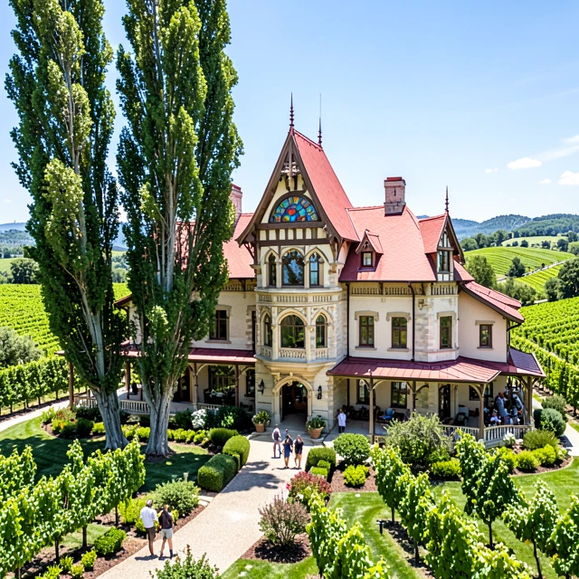 The historic Rhine House at Beringer Vineyards surrounded by gardens