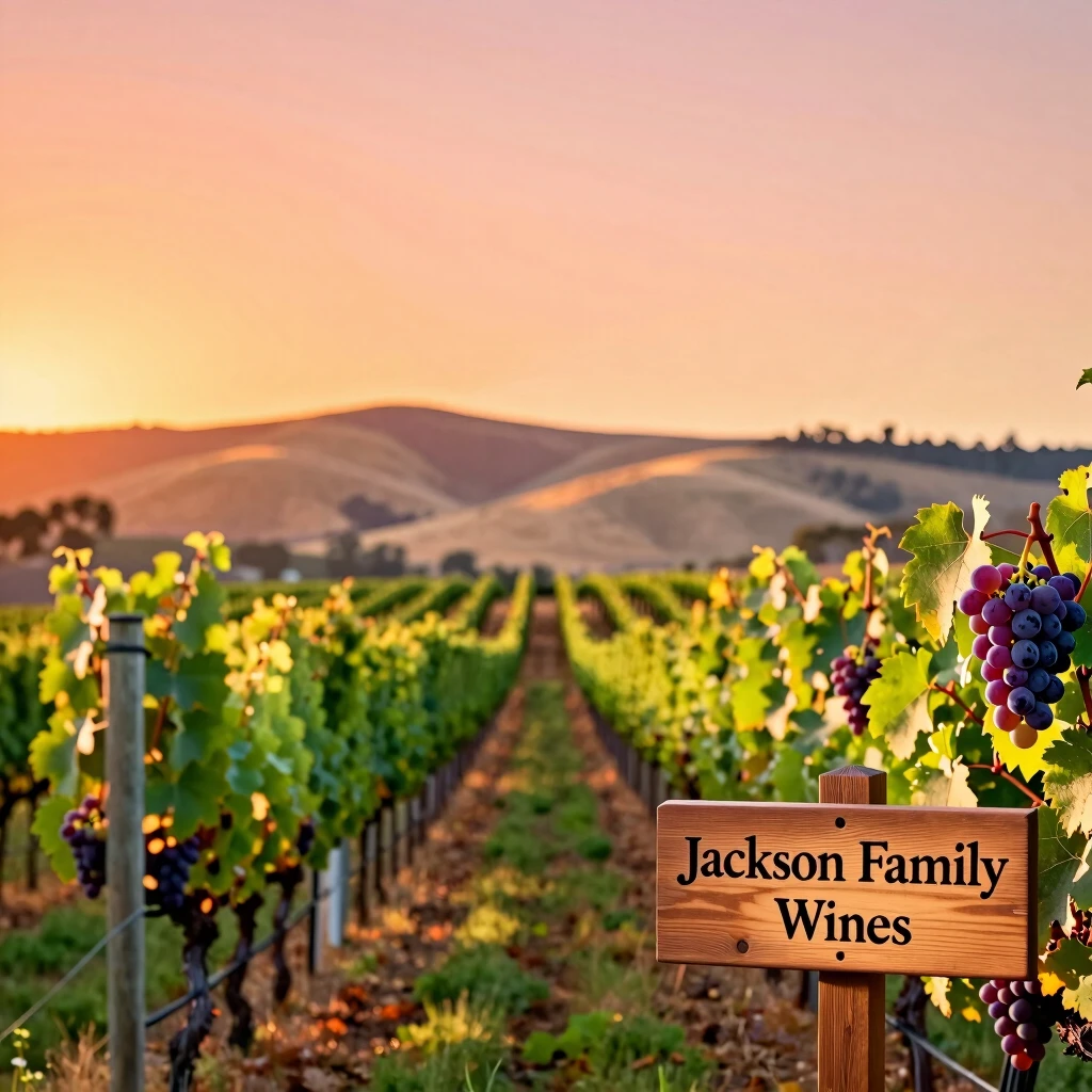 Sunset view of Jackson Family Wines vineyard with ripe grapes