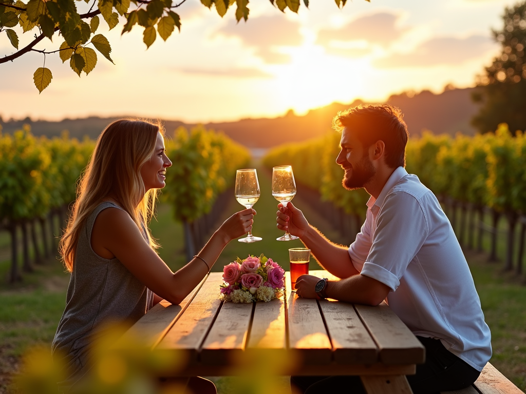 Couple toasting at a Sonoma County vineyard picnic