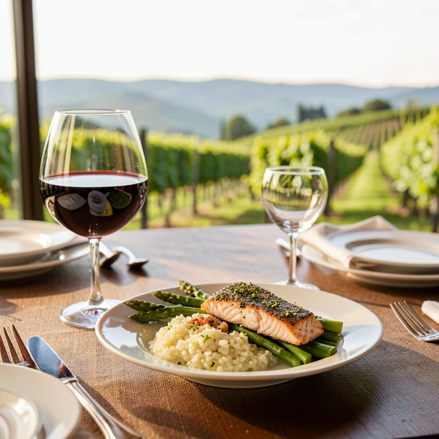 Elegant table setting with red wine and salmon dish for food and wine pairing